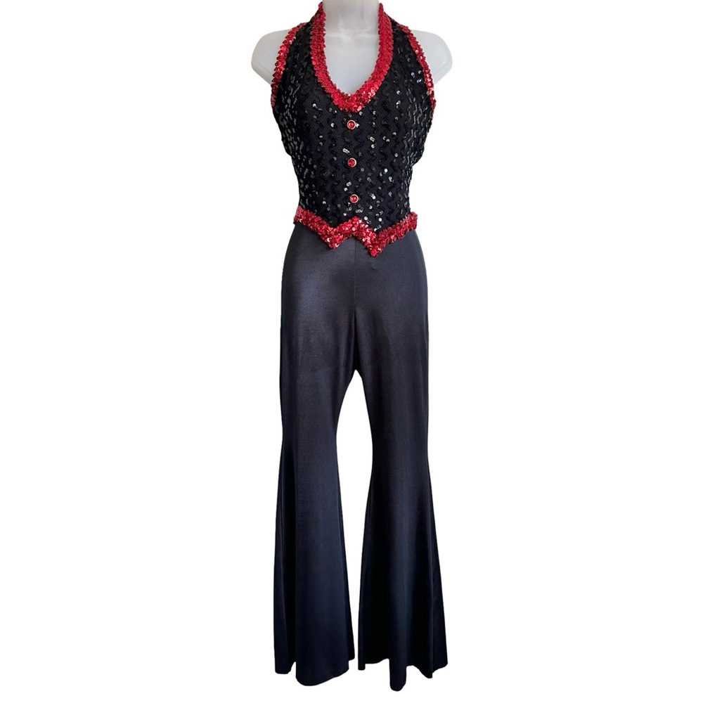 Vintage 90’s Curtain Call Black Red Sequins Halter Flare Jumpsuit‎ Dance Costume